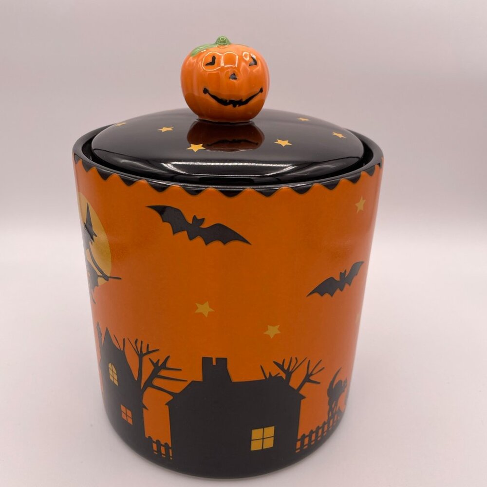 8" Hallmark Halloween Witch Owl Pumpkin Top Ceramic Cookie Jar Treat Collectable